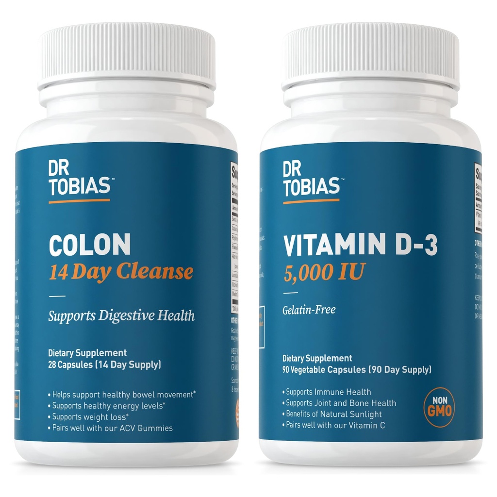 Dr. Tobias Colon 14 Day Cleanse dan Vitamin D3 5000 IU Dukung Overall Health, Immune System dan Digeptical System. Non-GMO Gut Cleanse dan Vitamin for Men & Women.