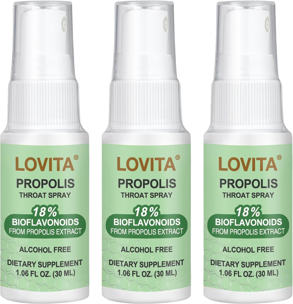 Lovita Propolis Throat Spray, Canadian Propolis Spray, High Power500 mg Propolis per ml dengan 9: 1 High Konsentrat, Natural Sore Throat Spray for Imune Support, Alcohol- Free, 1 Fl Oz (Pack of 3)