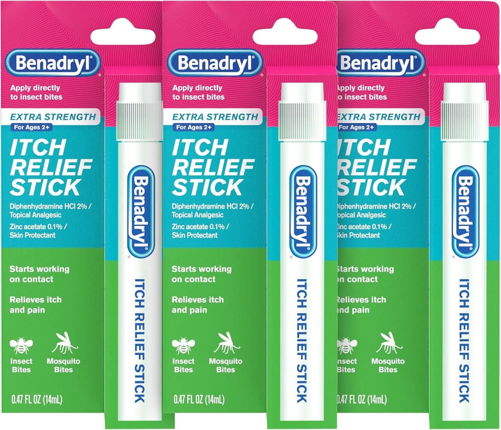 Benadryl Ekstra Kekuatan Anti- Itch Relief Stick, Bug Bite Itch Relief, Diphenhydramine HCl Topical Analgesic & Zinc Acetate Skin Protectant, Bagus untuk Kamping Essentials, 0.47 lf oz (Paket 3)