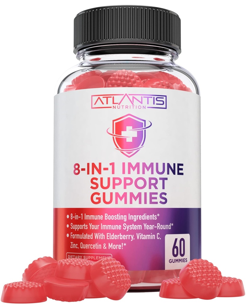 Nutres Atlantis 8-in- 1 Hamilune Dukungan Gummies dengan Elderberry 124; Suplemen Ammune dengan Elderberry, Quercetin, Zinc, Vitamin C - Senjata kekebalan untuk Dewasa & Anak-Anak - lezat Flavor - 60 Count