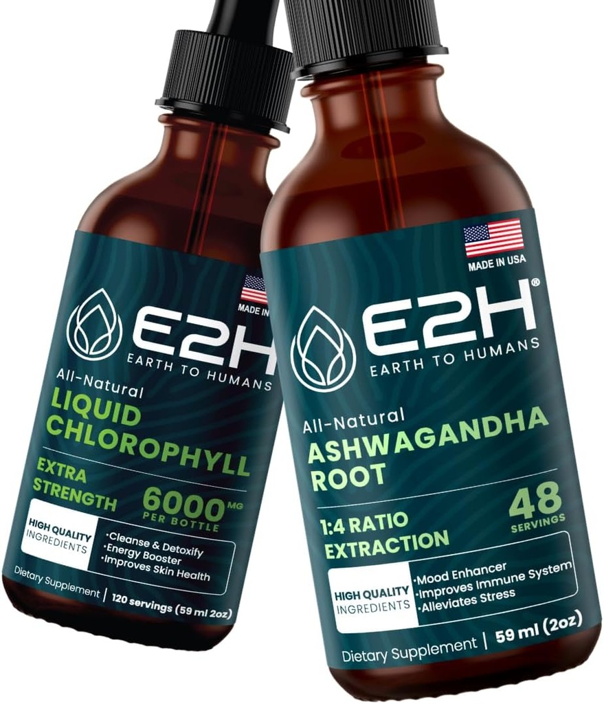 Cair Chlorophyll dan Ashwagandha Liquid Drops 12.4; Vegan, Non- GMO - 2 Fl Oz Each (4 Fl Oz Total) - Bundle