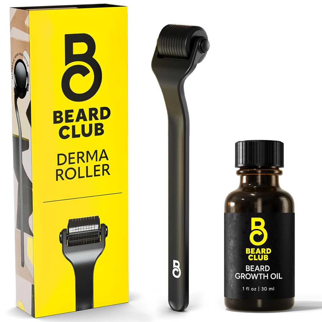 Klub Beard Derma Roller & Beard Growth Oil - Micronedling Roller dengan 540 Titanium Microneedles untuk Wajah, Tubuh & Scalp - Beard Roller dengan Sandalwood & Cedar Beard Oil