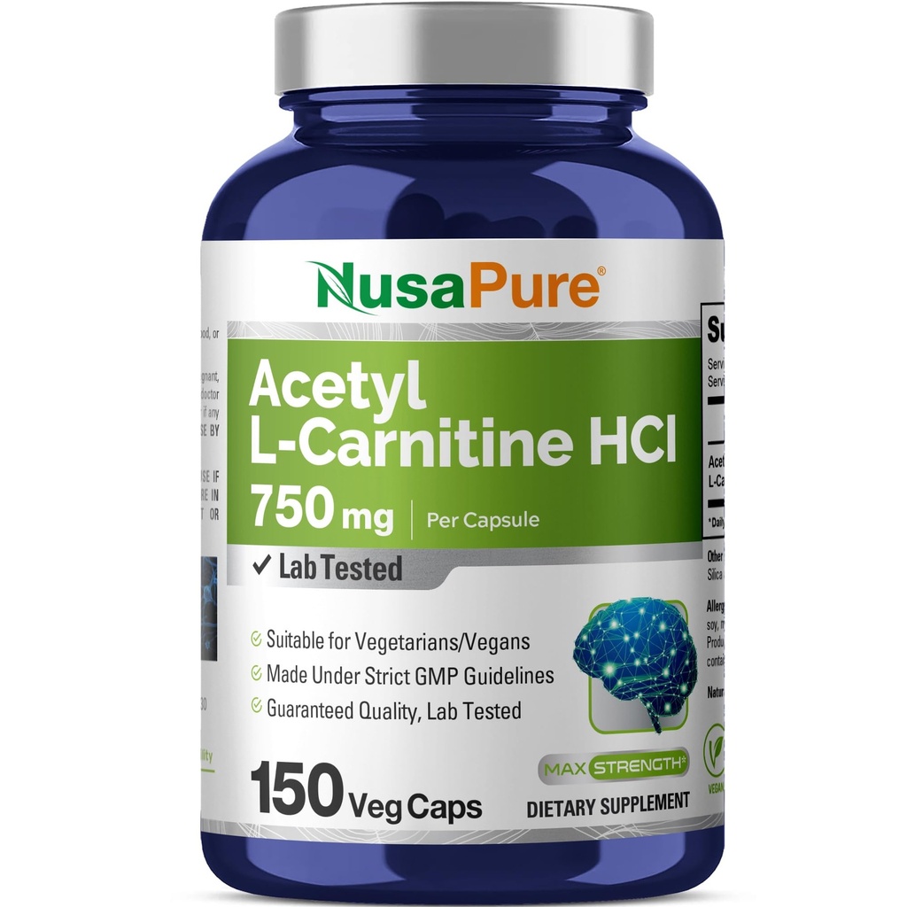 NusaPure Acetyl L- Carnitine 750mg per Caps 150 Vevgie Capsules (Non-GMO, Vegan) High Potency Acetyl L Carnitine HCL (ALCAR)