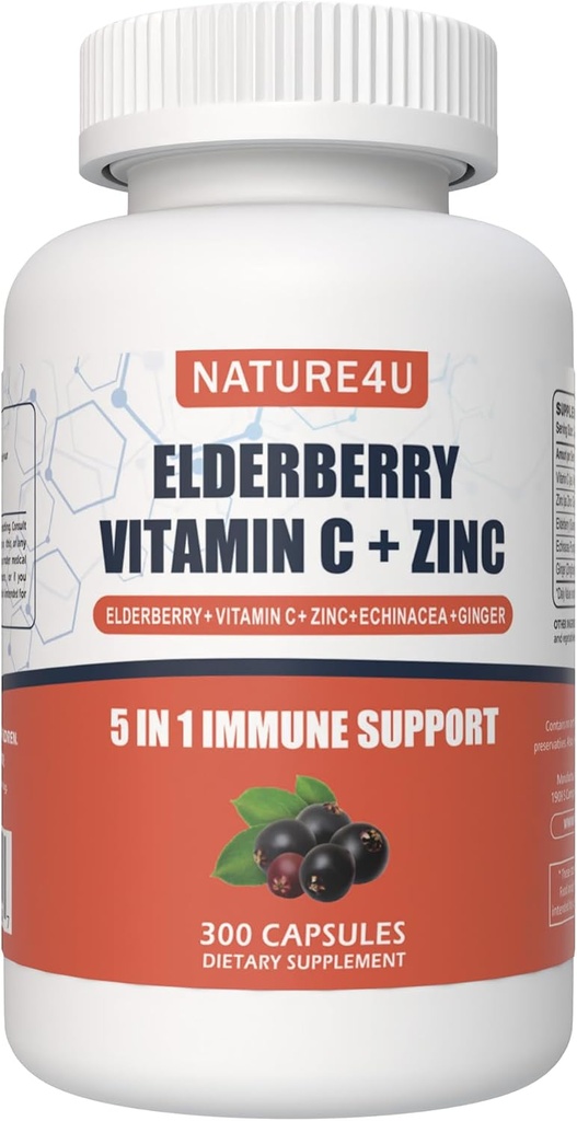 5 dari 1 Elderberry Immune Supplemen Dukungan Imune, Daily Immune Boosters untuk Tambahan Antioksidants dewasa, Elderberry 1000 mg, Vitamin C, Zinc, Echinacea, Ginger, 300 Vegan Capsules - 5 Bulan