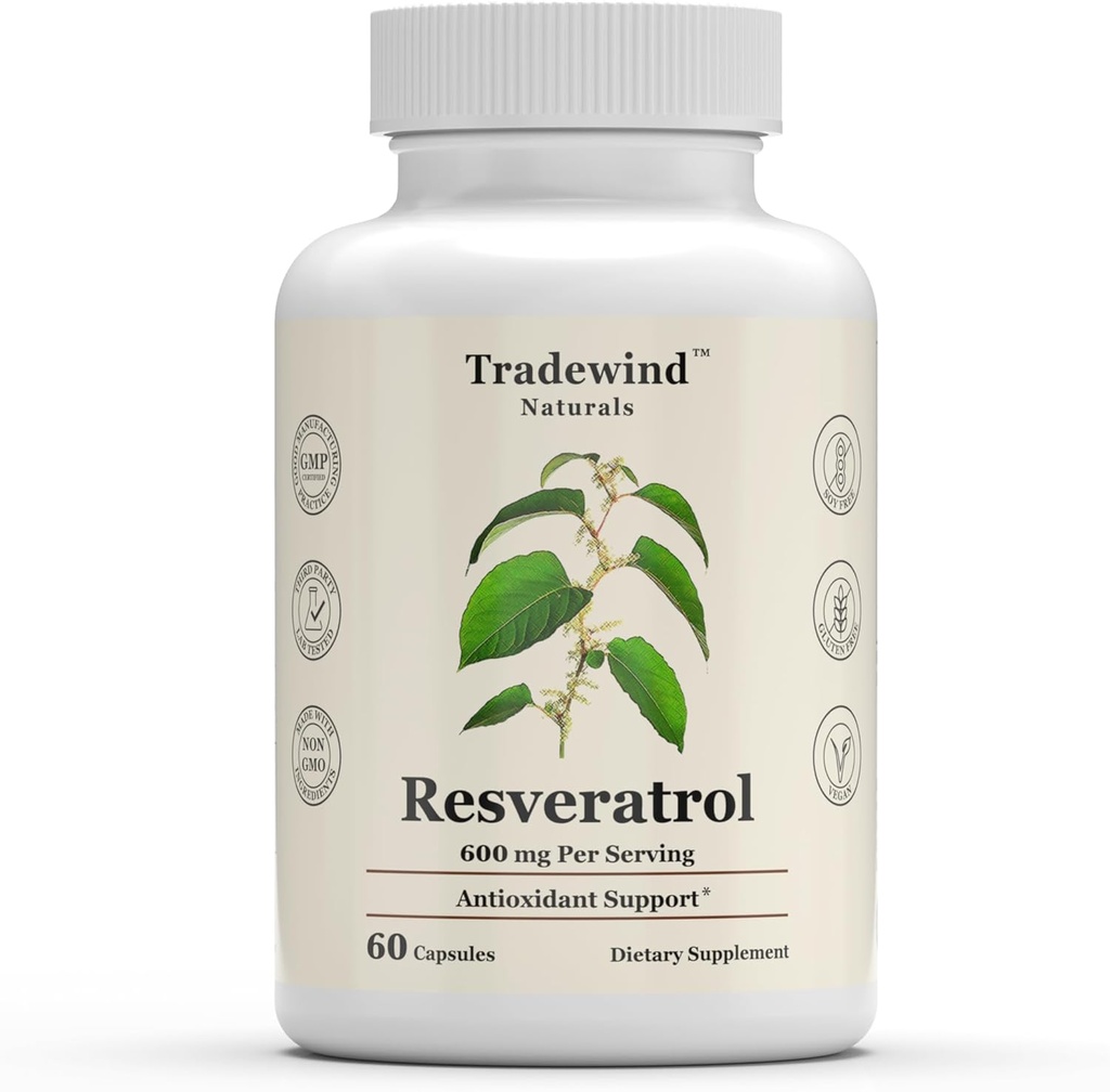 Resveratrol 600mg - Vegan - Non- GMO - Dukung Penuaan Kesehatan dan Kesehatan Kardiovaskular - Kaya dalam Antioksidan - 60 Kasules Vegetable