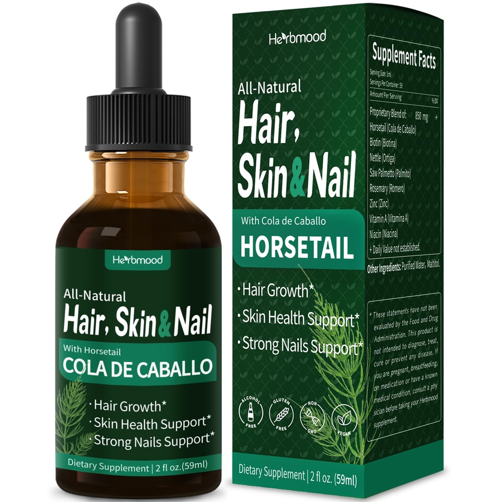 Rambut kuda, Skin & Nail Liquid Drops, Cola de Caballo, Biotina y Romero, Vitamin Gotas para el Cabello Uñas y Piel, Pertumbuhan Rambut untuk Perempuan w / Rosemary Extract. 2oz