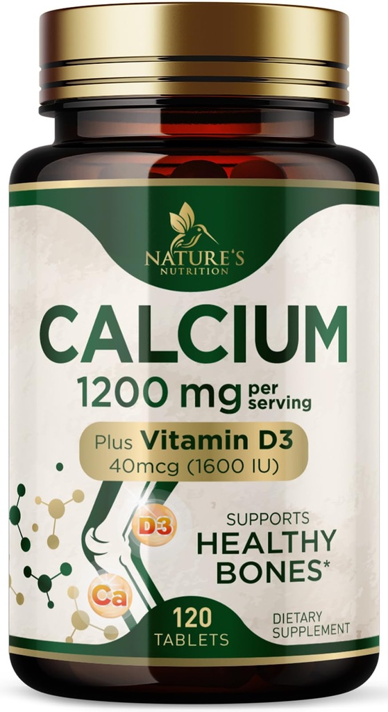 Kalsium 1200 mg dengan Vitamin D3 - Bone Health Suplement, Vitamin D & Kalsium Suplemen Perempuan & Pria - Kekuatan Tulang, Dukungan Gigi & Imune, Pil Kalsium Alam, Botol di AS - 120 Tablet