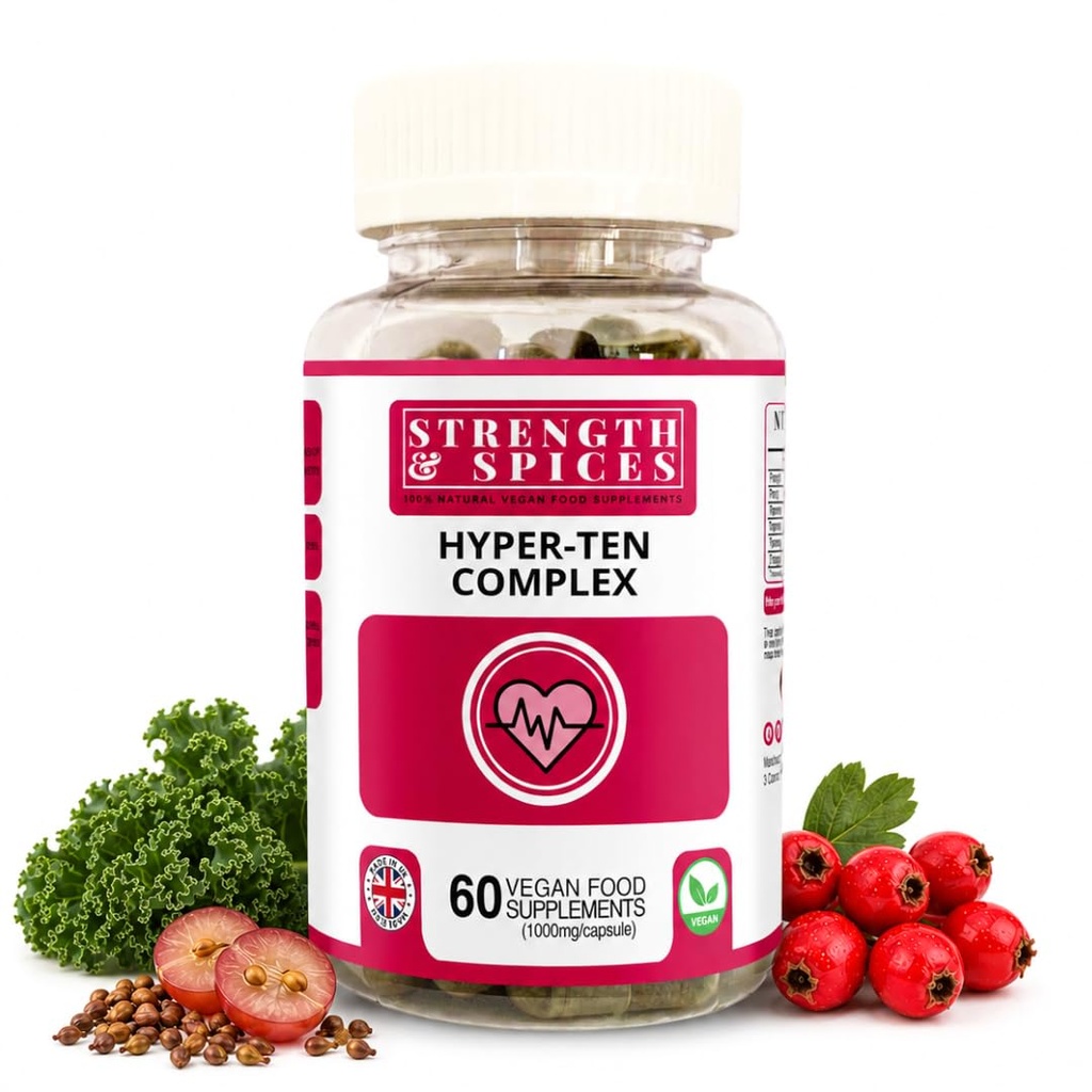 Kekuatan & Spices Hypertensupport 100% Suplemen Natural System & Heart Health - 15 Ingregents w Hawthorn Berry, Grape Seeds & Berry - 60 Vegan UK Made 100mg Capsules
