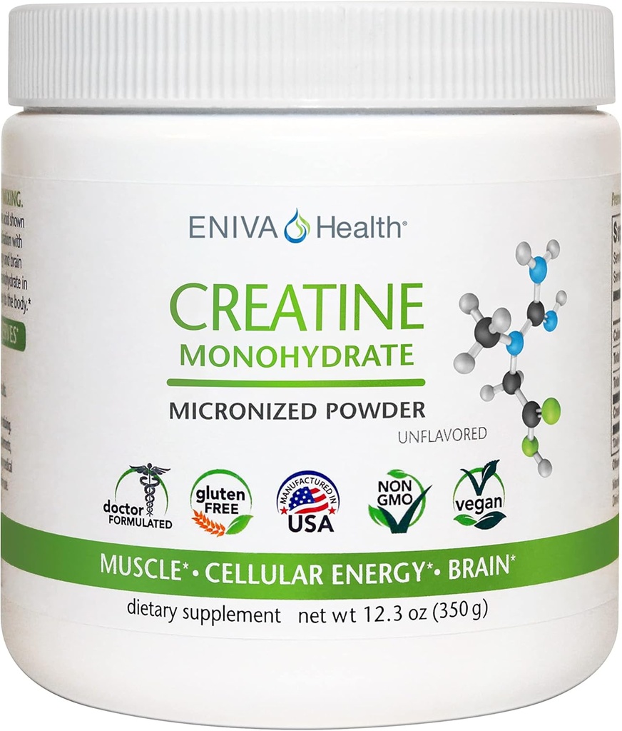 Eniva Health Creatine Monohydrate Powder, Amino Acid, Micronized Powder, 70 Servings 5 G 12.3 oz, Dukungan Otot, Pertumbuhan Otot, Energi Cellular, Fokus Kognitif, Ultra- Murni, Tingkat Farmasi