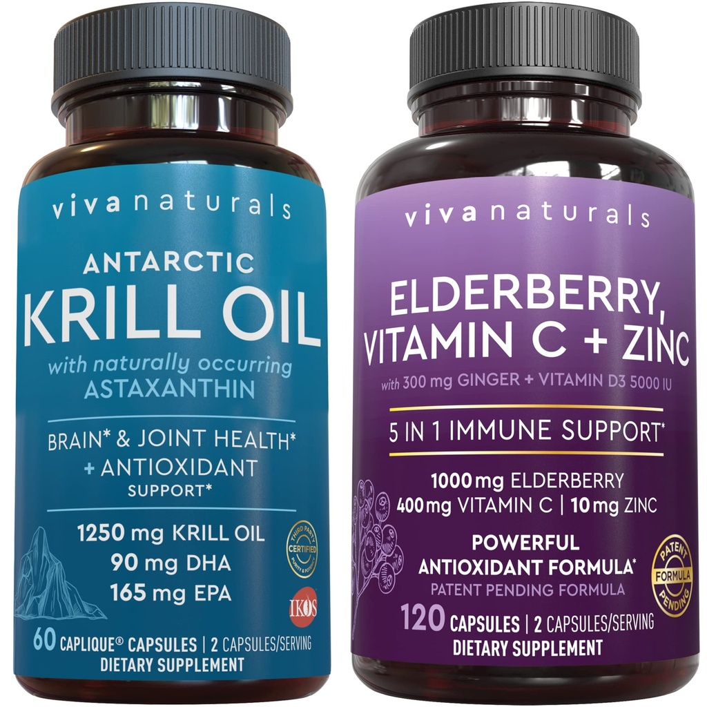 Viva Antartika Krill Oil dan Elderberry, Vitamin C, Zinc dan Vitamin D3 5000 IU Bundle, 1250 mg Krill Oil Menyediakan Omega 3 EPA dan DHA untuk Kesehatan Gabungan, Elderberry untuk Dukungan Imune