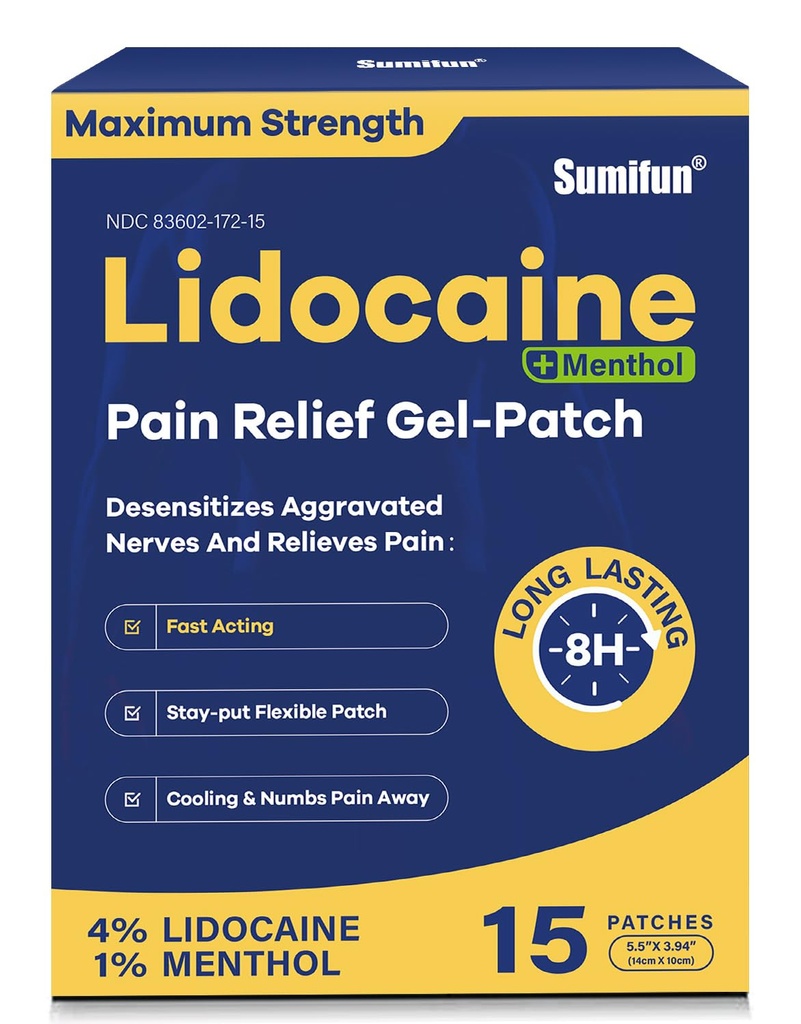 Sumifun 4% Lidocaine Patches Plus 1% Menthol - 15 Counts Maximum Power OTC Relief Patch untuk Kembali Ache Stiff Neck Gabungan Otot-Otot Keanehan Analgesic