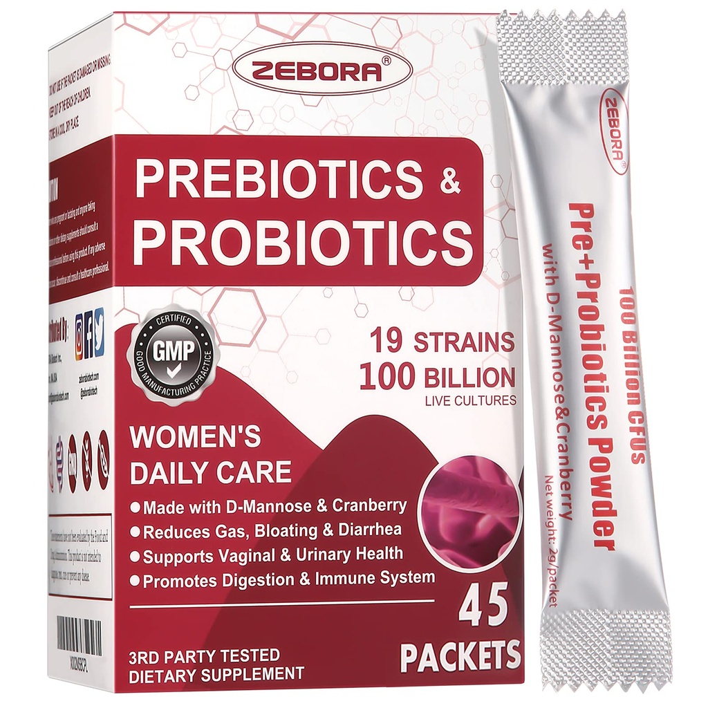 ZEBORA Probiotic-for-Women 100-Milyar-CFUs with Pregities, D-Mannose & Cranberry for Digestrive, Imune, Feminine UT Health Dup, Ultimate Probiotic Women 's Care, Soy & Gluten Free, 45 Packet