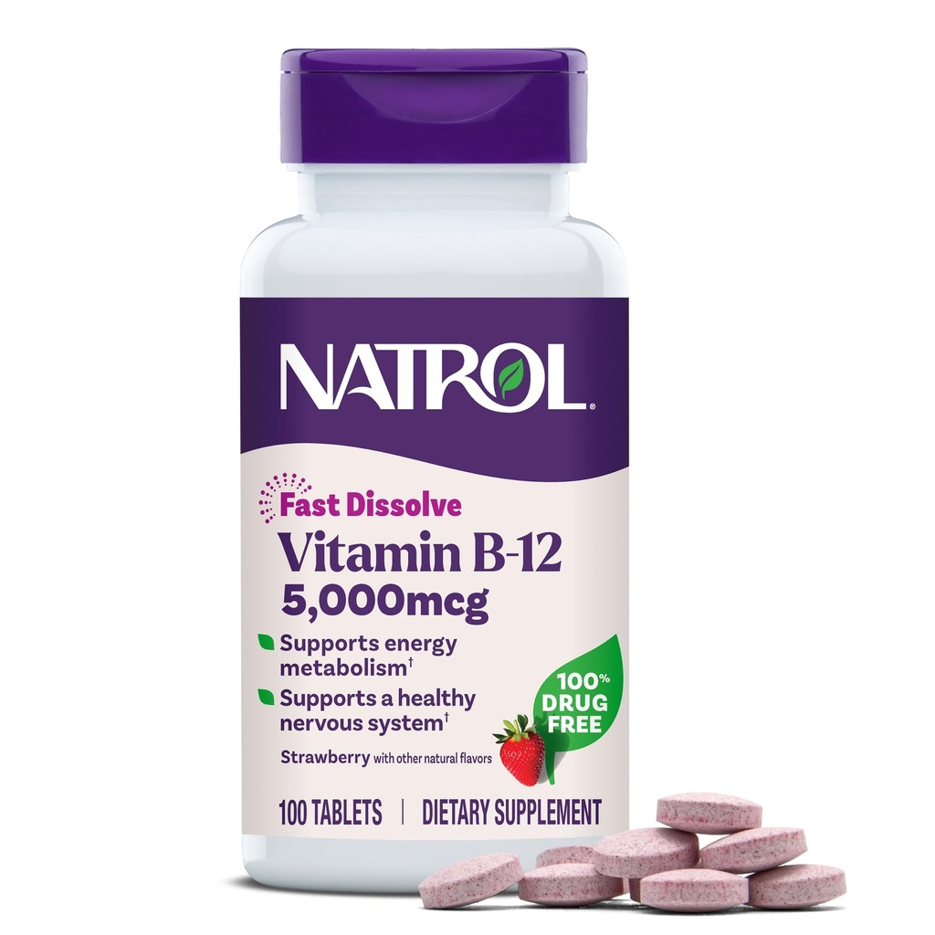 Natrol Vitamin B12 5.000 mcg, Quast Dissolve Vitamin B12 Supplemen Sistem Gugup Sehat dan Metabolisme Energi, 100 Tablet, Sampai dengan Tambahan 100 Hari
