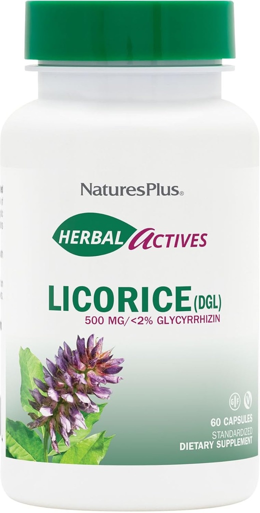 NaturesPlus Herbal Actives Licorice (DGL) 500 mg - 60 Capsules, Paket 4 - Pendukung Diadolle Sehat & Overall Well- Vegetarian, Gluten Free - 240 Total Servings
