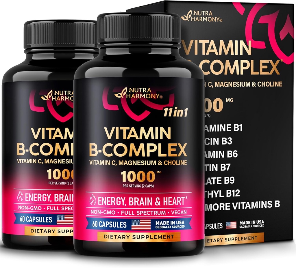 Vitamin B Kompleks untuk Pria & Women - Dibuat di Amerika Serikat - 11-in- 1 B1, B2, B3, B5, B6, B8, B9, B12 dengan Vitamin C, Choline, Inositol - Energy, Brain & Heart Supplemen - Paket 2