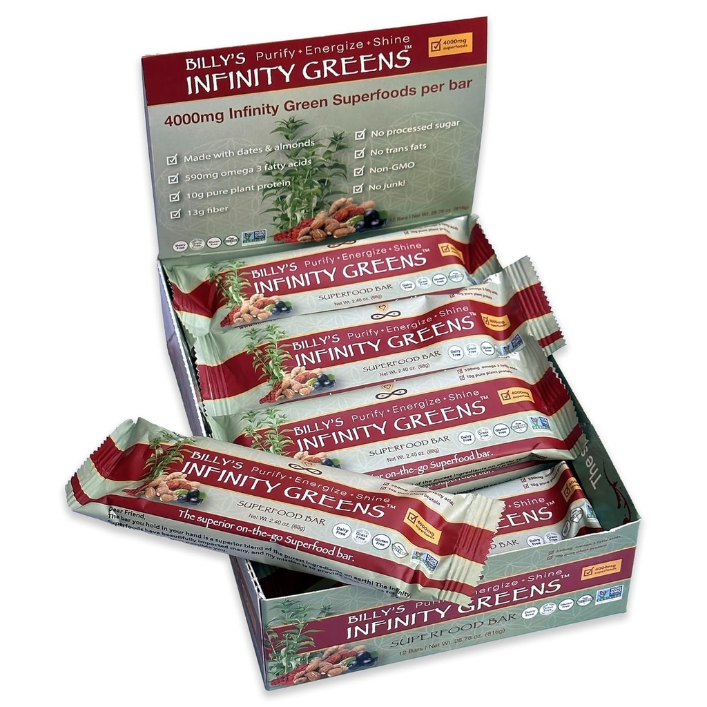 Infinity Greens Superfood Bars, Plant Based Meal Replacement Bar dengan 4000mg Infinity Greens Superfood Powder, Organik, Raw, Gluten Free, Non GMO (12 Bars)