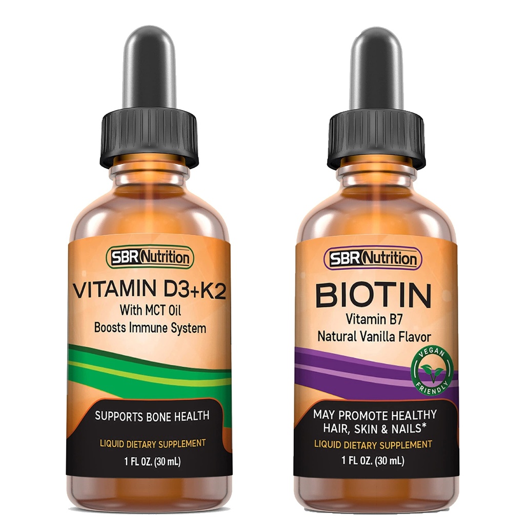 SBR Nutition D3 + K2 dan Biotin Bundle Vitamin D3K2 (MK7) Liquid Drops, Peppermint, 1oz 124; Biotin 5000mcg Drops, Vanilla 2oz 124; for Dewasa & Anak-anak & Anak-anak; None-GMO, Gluten Free
