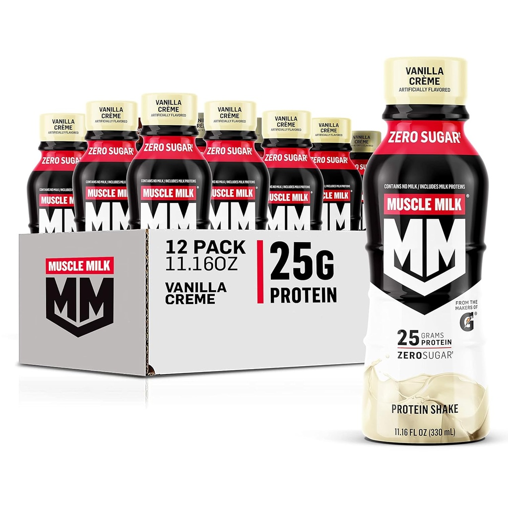 Muscle Milk Genuine Shake, Vanilla Creme, 11.16 Fl Oz Bottle, 12 Pack, 25g Protein, Zero Sugar, Calcium, Vitamin A, C & D, 5g Fiber, Energizing Snack, Recout, Packaging May Vary