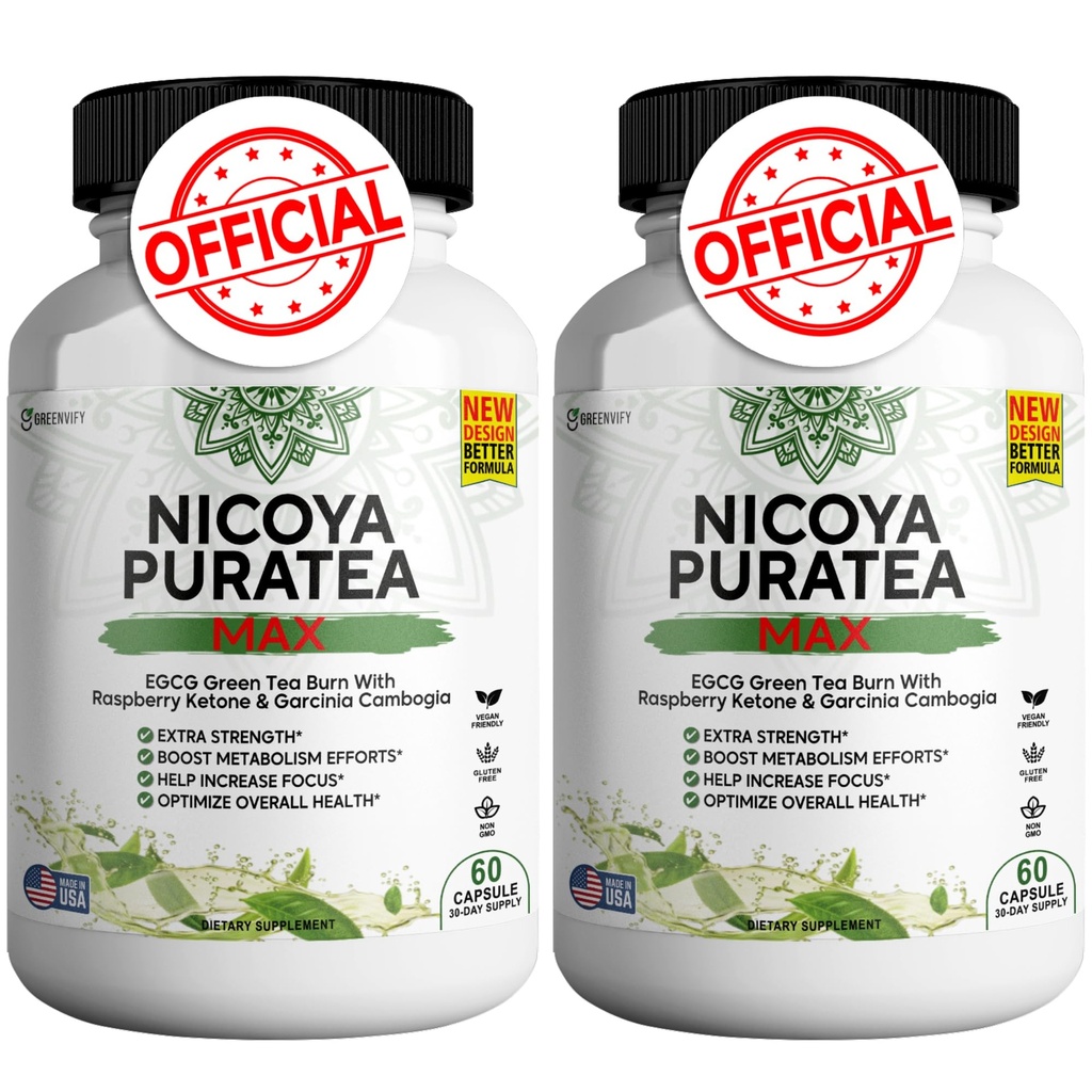 Nicoya PuraTea Max Green Tea Extract & Green Coffee Bean untuk Metabolism Dukungan, Natural Energy Boost, Antioksidants-Kaya Tambahan - 120 Kapsul