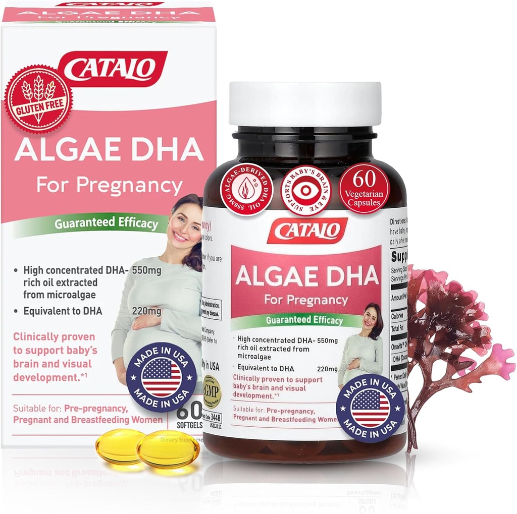CATALO Omega 3 Algae DHA for Women - 550mg DHA- Rich Oil from Microalgae, Ideal for Prenatal, Pregnancy & Breathfeating, Vegetarian Softgels, Gluten- Free - 60 Softgeels