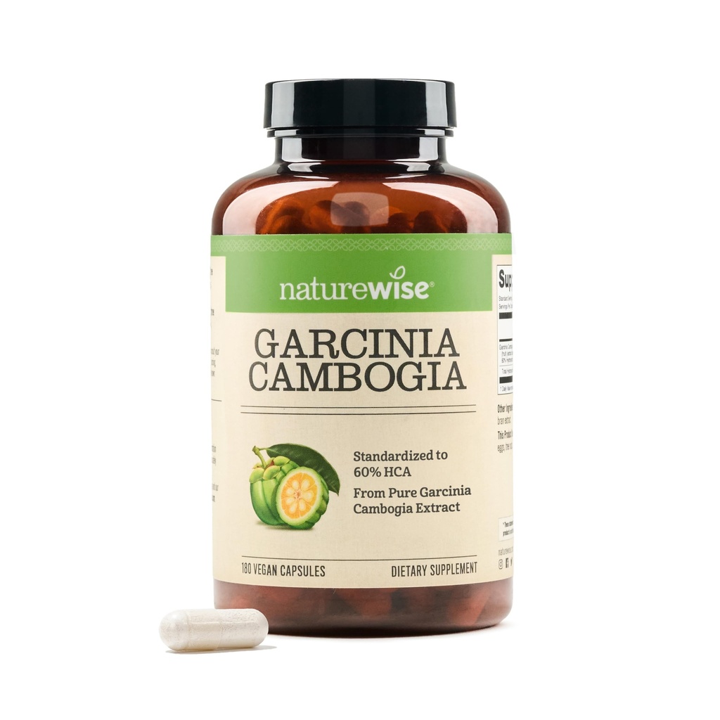 Naturewise Garcinia Cambogia - 60% HCA Extract concentraction, Natural Support for Weight Goals and Energy Levels - Vegan, Non-GMO, Gluten Free - 180 Capsules [2-6 Bulan Supply]