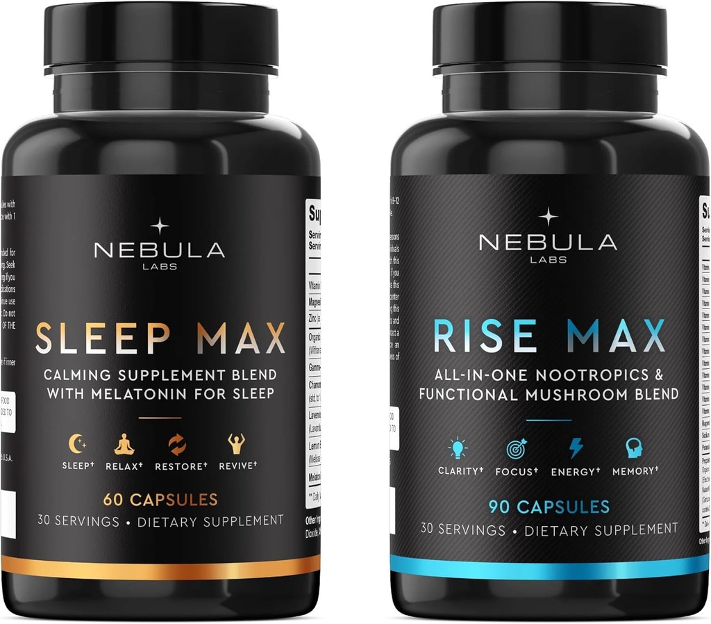 Tidur MAX & Rise MAX Profesional Bundle All- inone Premium Nootropics & Functional Mushroom Blend & Calming Blend for Sleep