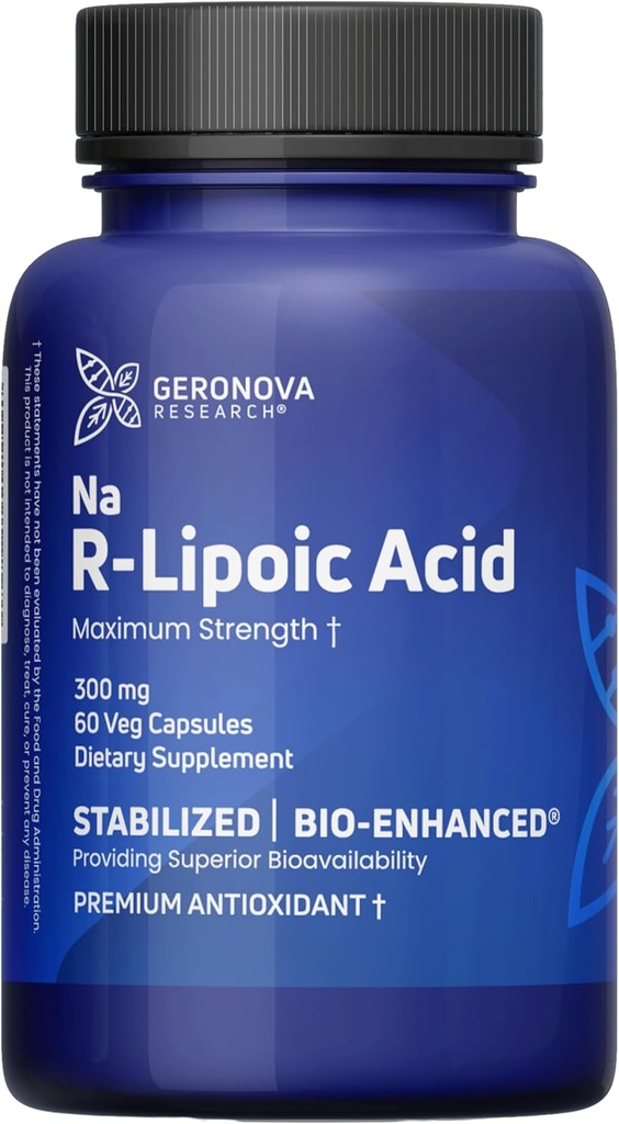 Geronova Research Bio- Enhanced R-Lipoic Acid, 300 mg Capsules - 2 Bulan Supply - Stabilisasi R Alpha Lipoic Acid dengan Enhanced Absorpsi - R Lipoic Acids Supplemen - 60 Count