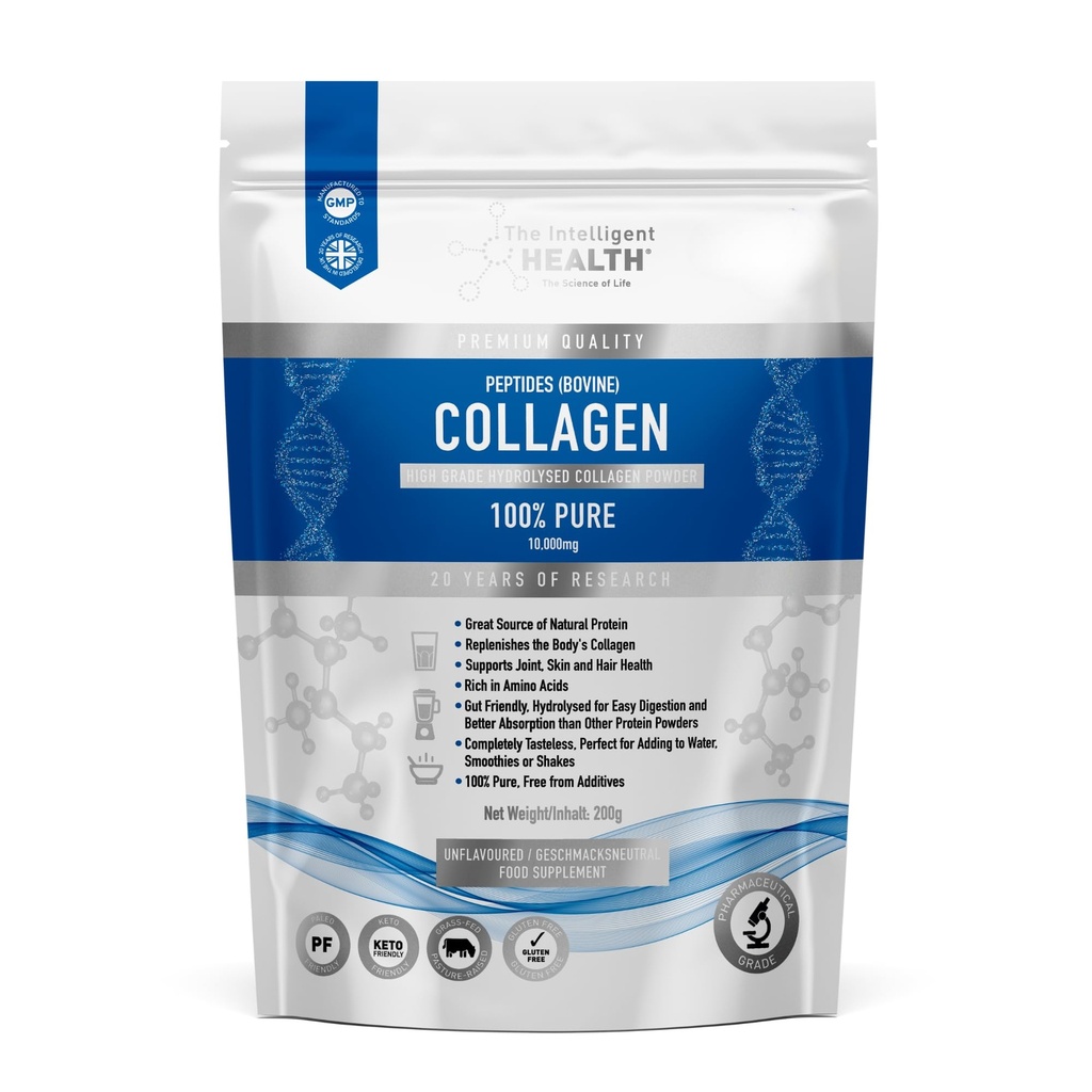 The Intelligent Health Hydrolyzed Peptides Powder, Grass Fed, High Protein, Unflashted, Gluten- Free, Paleo & Keto Friendly, 10g per Serving (200g) Supports Skin, Hair, Nails, Joints, & Bones