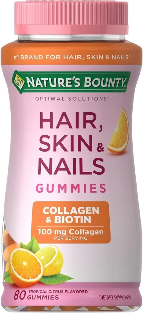 Nature 's Bounty Har Hair, Skin & Nails dengan Biotin dan Collagen, Supports Hair Skin dan Nail Health, 2500 mcg, Citrus Flavored Gummies, 140 Ct