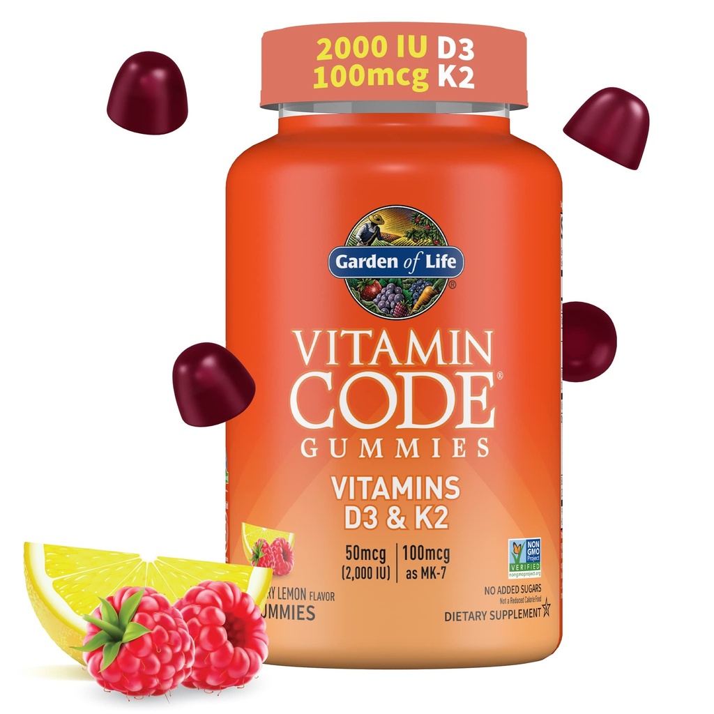 Garden of Life Vitamin Code D3 & K2 dengan Pregren dan Progiti- Bone Health, Ammune Health, and Digetical Support, Non-GMO, Gluten- Free, Raspberry Lemon Flavor, 45 Gummies