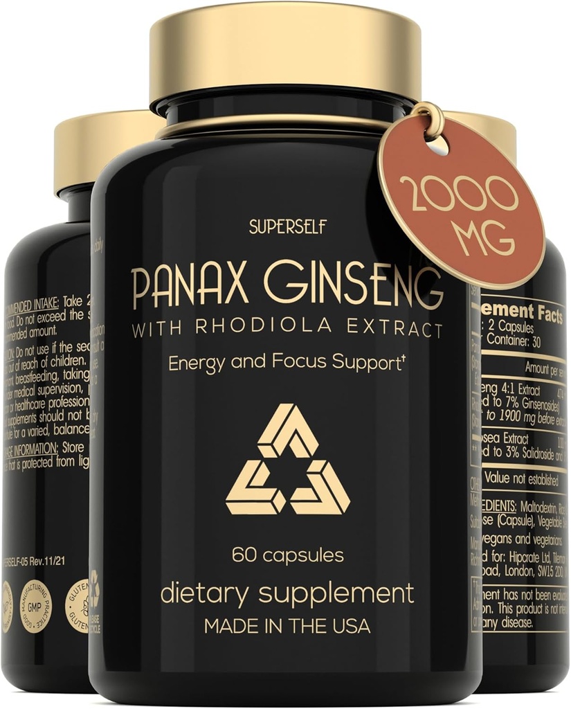 Panax Ginseng dan Rhodiola Rosea 2000mg - Korea Ginseng High Kekuatan 60 Kasules - Herbal Suplemen untuk Pria & Women - Kompleks Energi dengan Ginseng Root Extract Standardisasi 7% Ginsenosides - US Membuat