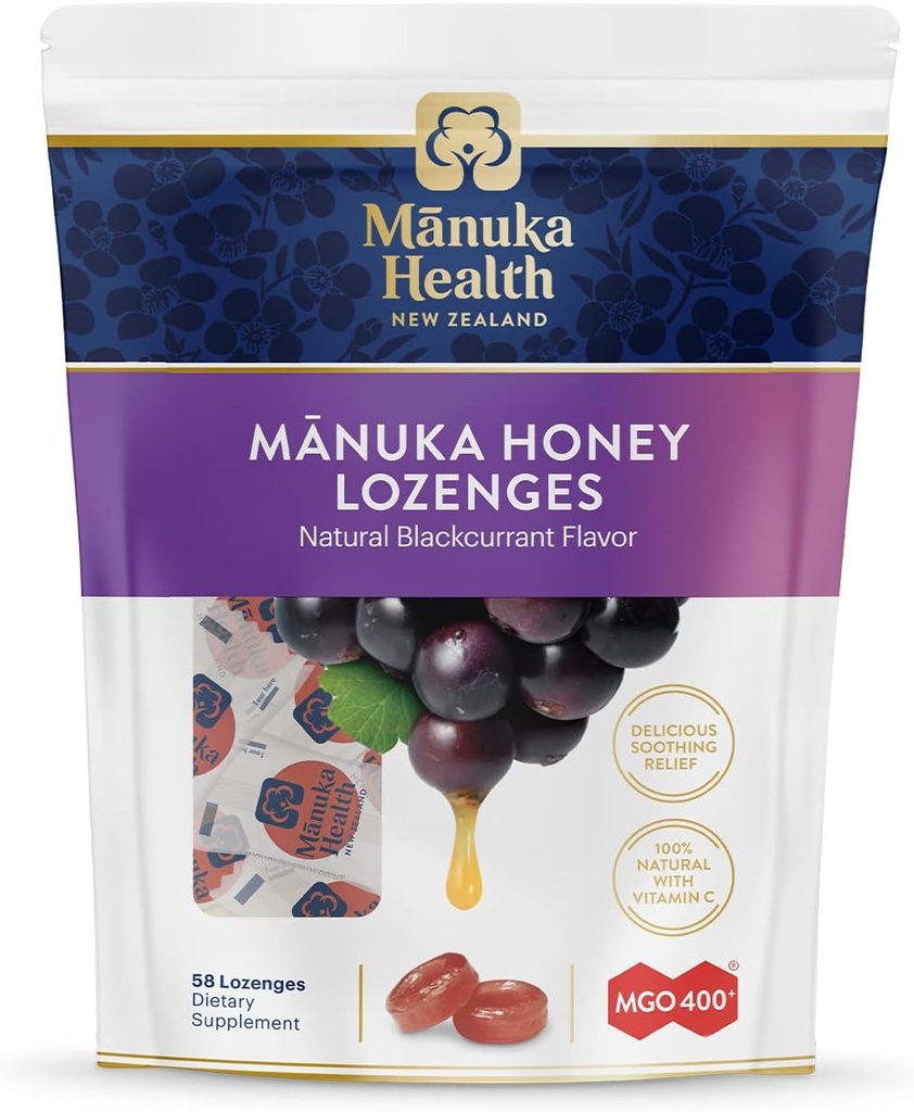 Manuka Production Health Manuka Honey Throat Lozenges - Blackcurrant Flavored Lozenges, 58- Count - Cough Drops Infused with Raw Manuka Honey & Vitamin C for Immune Support