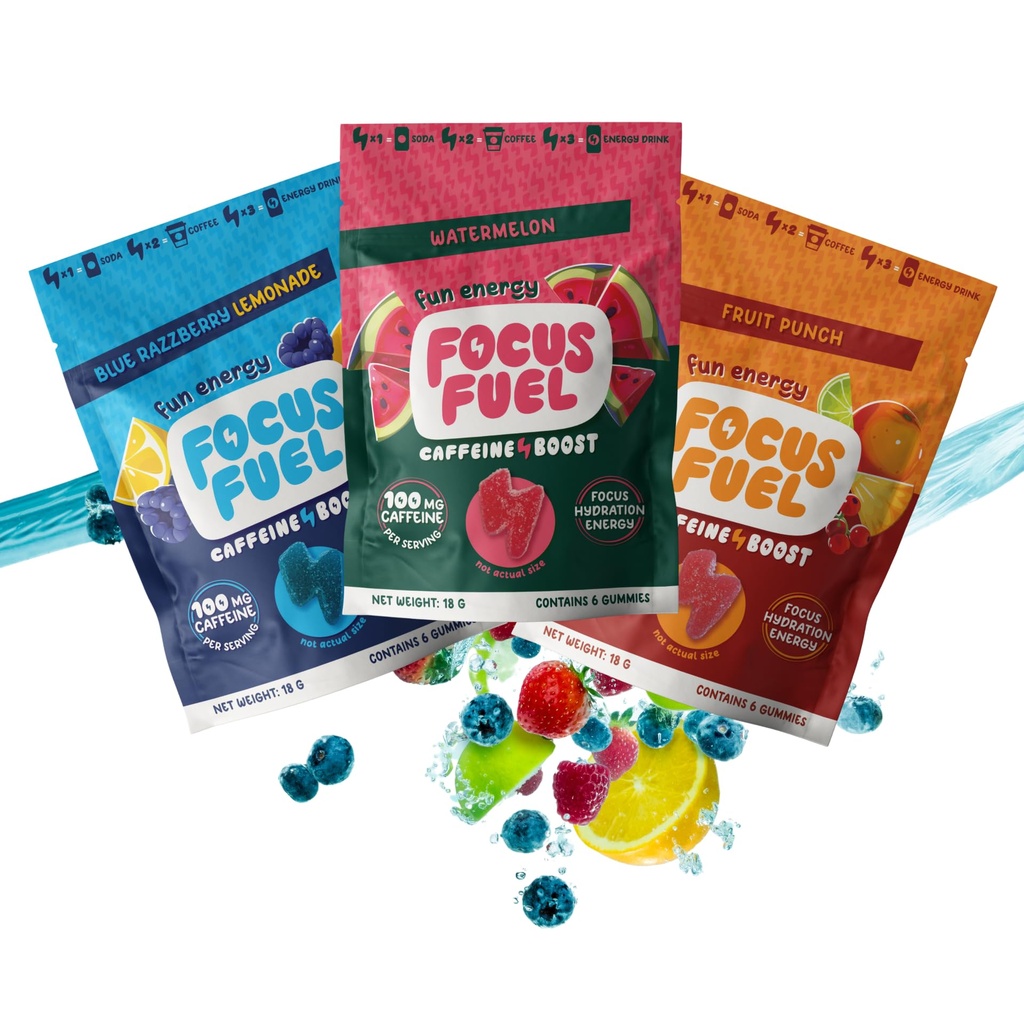 Pembuatan Energi Fokufuel - Trial Size Variety Sample (9 Servings) - 100mg Caffeine + Alpha GPC + L-Theanine + B12 - Blue Razzberry Lemonade, Watermelon, Fruit - No Crash or Jitters