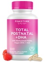 Pink Stork Total Postnatal Vitamins for Women with Vegan DHA, Iron, Flank, and Vitamin B12, Postpartum Recovery Essentials, Daily Supppplemen Ibu-1 Bulan