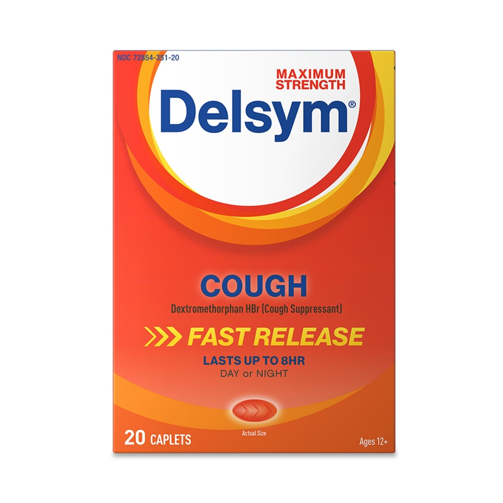 Delsym Maximum Power Cough Suppresan, Caplets Fast Rilis, Lasts up to 8 Hour Day or Night, 20 Count
