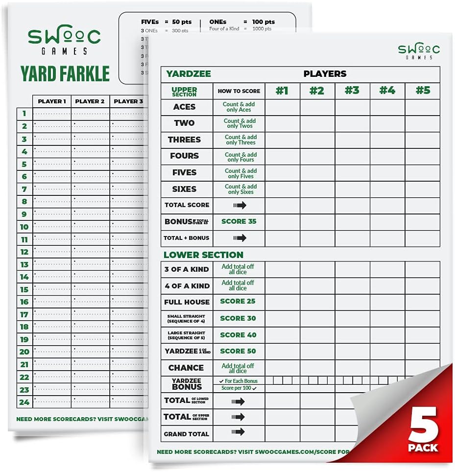 SWOOC Games ® - 5 Big Premium Laminated Yardzee & Farkle Score Cards (115in x 8in) dengan Aturan - Large Reconable Dry Pads for Giant Outdoor Dice