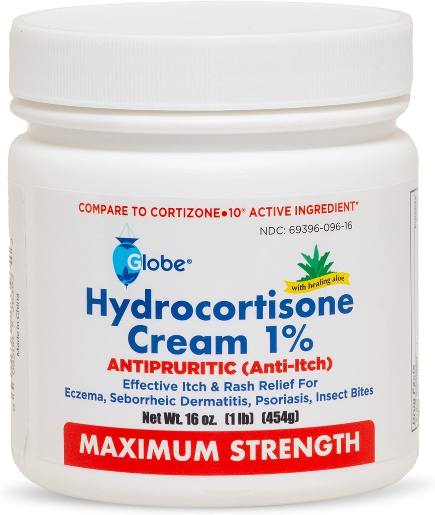 Globe Hydrocortisone Maximum Power 1% w / Aloe, 16 oz, Anti- Itch Cream for Redness, Swelling, Itching, Rash, Bug / Mosquito Bites, Eczema, Heurhoids & More, Oz Jar
