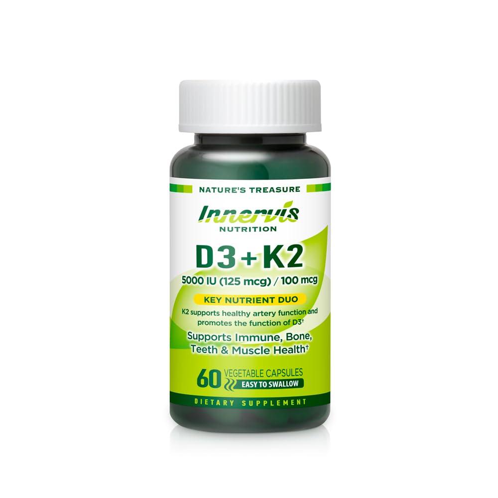 Vitamin D3 5000 IU + K2 MK-7 100mcg - Bone, Heart & Imune Dukung, Easy to Swallow, 60 Capsules