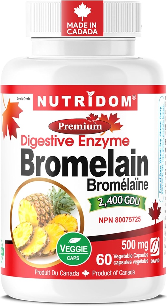 Suplemen Enzyme Pineapple Nutridom Bromelain, 2400 GDU, 500mg, Non-GMO, Vegan, Bebas Gluten, Soy & Dairy (60 Count)
