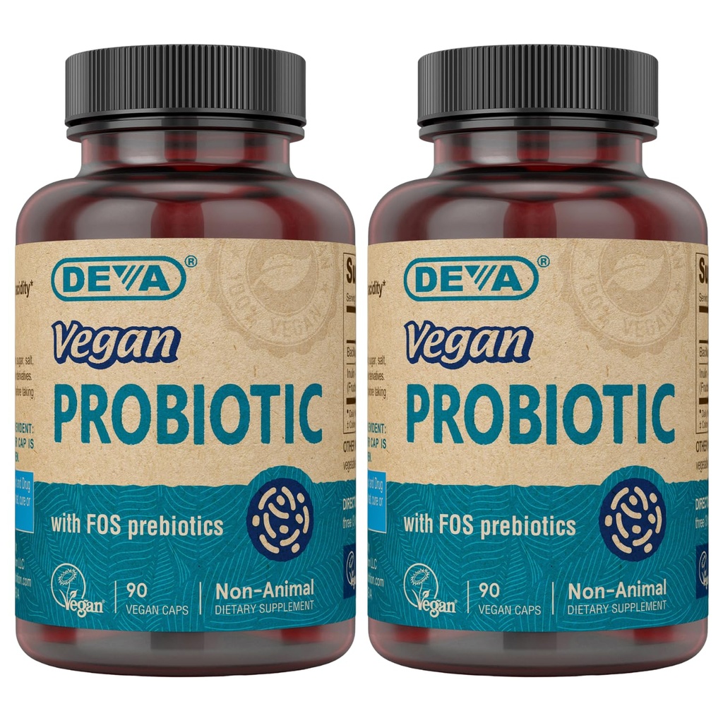 Probiotik DEVA Vegan dengan FOS Pregitious Suplemen - 2 Milyar CFU dengan 100 MG Pregren Per Serving for Men & Women - Non-Dairy Gluten Free - Alami Shelf Stable - 90 Capsules (Paket 2)