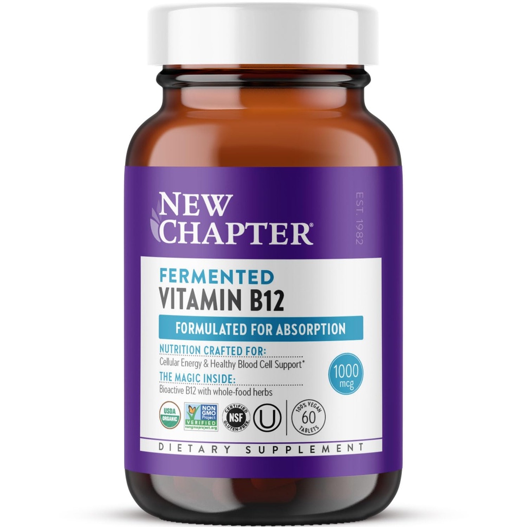 Bab Fermentasi Vitamin B12 1.000 mcg, USDA Organik, One Daily for Cellular Energy + Healthy Blood Cells, Sertifikasi Vegan, Gluten Free - 60 Count