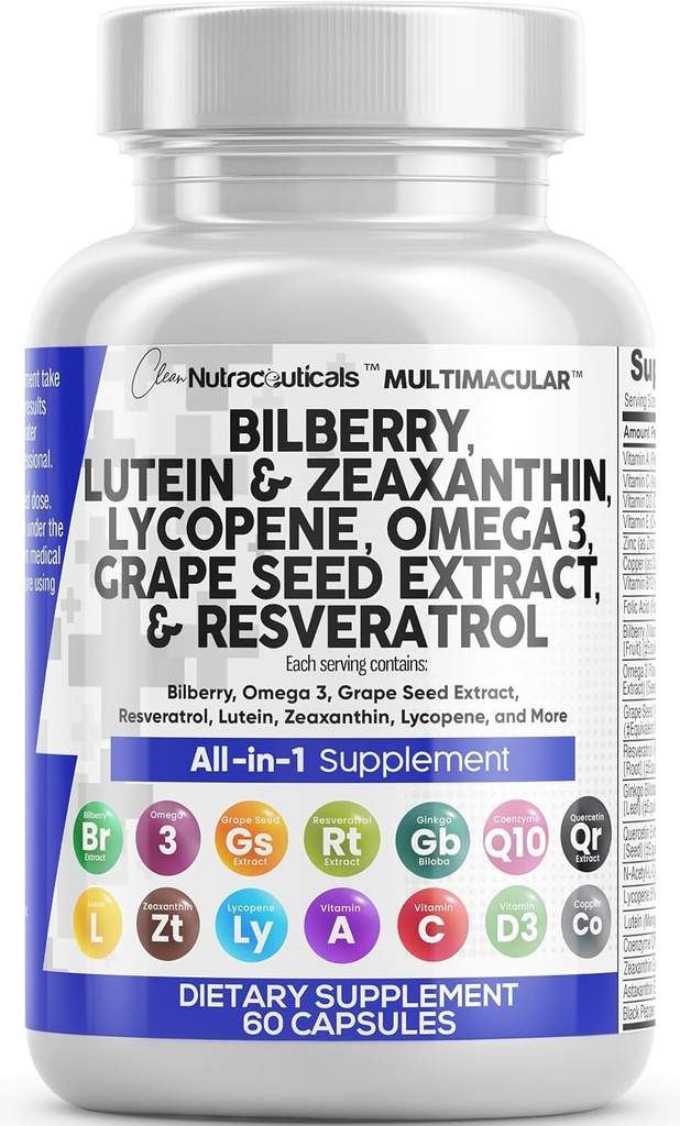Bersihkan Nutra Eye Vitamin dengan Bilberry Lutein dan Hobxanthin Suplemen Lycopene 40mg Resveratrol Grape Seed Attaxanthin untuk Mata - Dukungan Kesehatan Eye Vitamin dan Mineral Suplemen