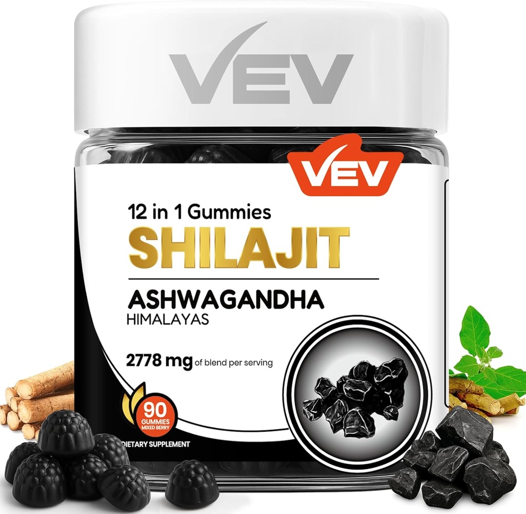 VEV Shilajit Gummies for Men & Women 7.124; 1000mg Shilajit & Ashwagandha Gummies dengan Sea Moss & L-Theanine for Energy, Vitalitas & Stress Saldo 124; Vegan, No Added Sugar 124f; 90 Count for Daily Wellness