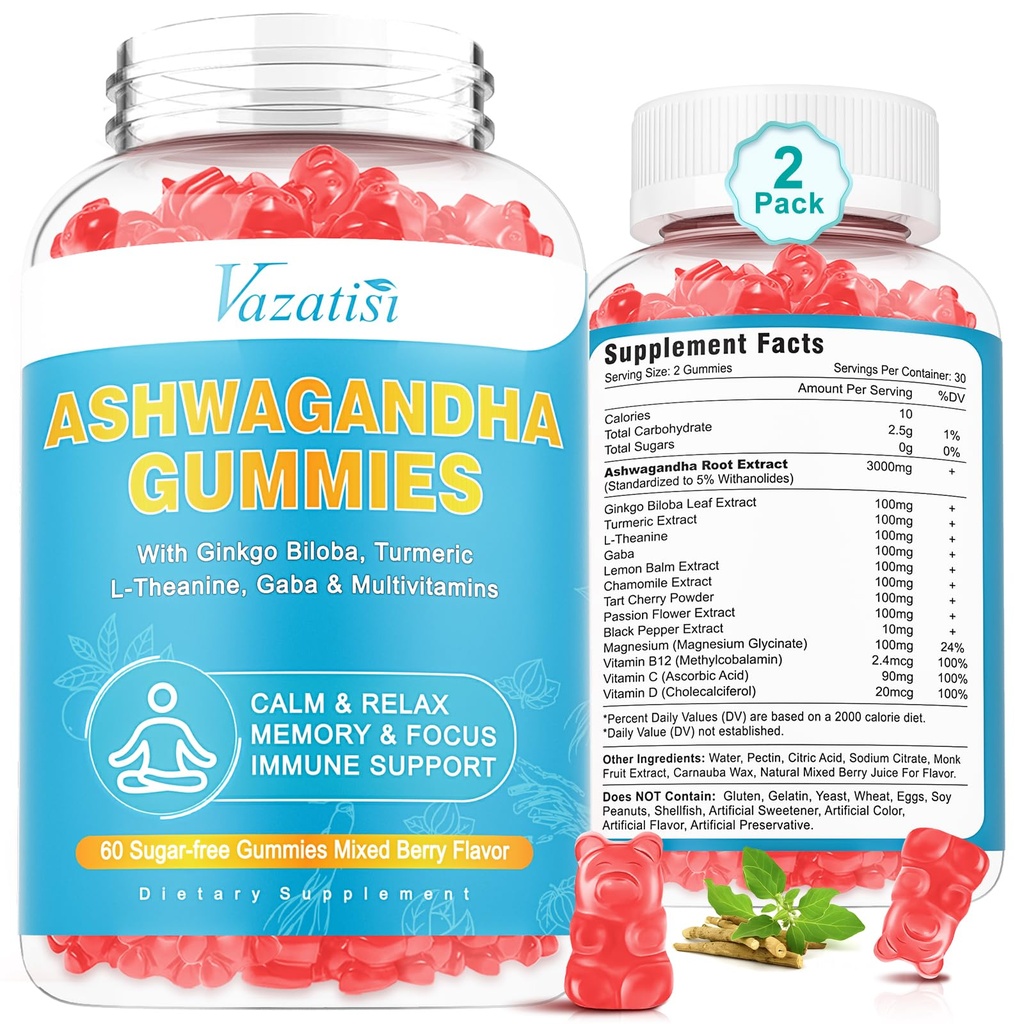 2 Pack Ashwagandha Gummies dengan Turmeric Mood Energy and Immune Dukung, Mixed Berry Flavor 120 Cts
