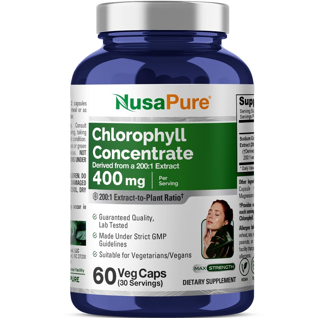 NusaPure Chlorofil 200: 1 Ekstraksi, 400 mg Equallen untuk 8000mg 60 Vevgie Caps (Equivalen 800mg per Serving, Non-GMO, Vegan) Sodium Copper Chlorophylin