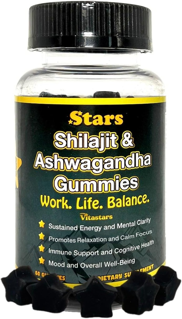 Shilajit Ashwagandha Gummies - Immune Dukungan Suplemen dengan Murni Shilajit Resin - Organik Ashwagandha Gummy untuk Stres, Energi & Wellness, 60 Natural Star- Shaped Gummies