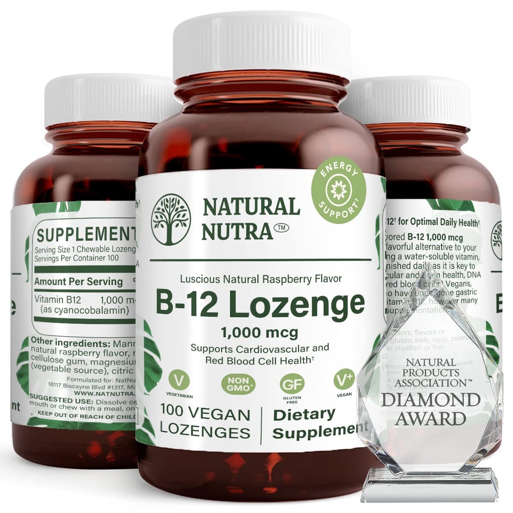 Suplemen Natural Nutra B12 Vitamin B12, membantu meningkatkan Levels Energi, Escalypfor Healthy Nervous System, membantu Improve Mood & Mental Health, Support Cardiovascular System, 100 Lozenges