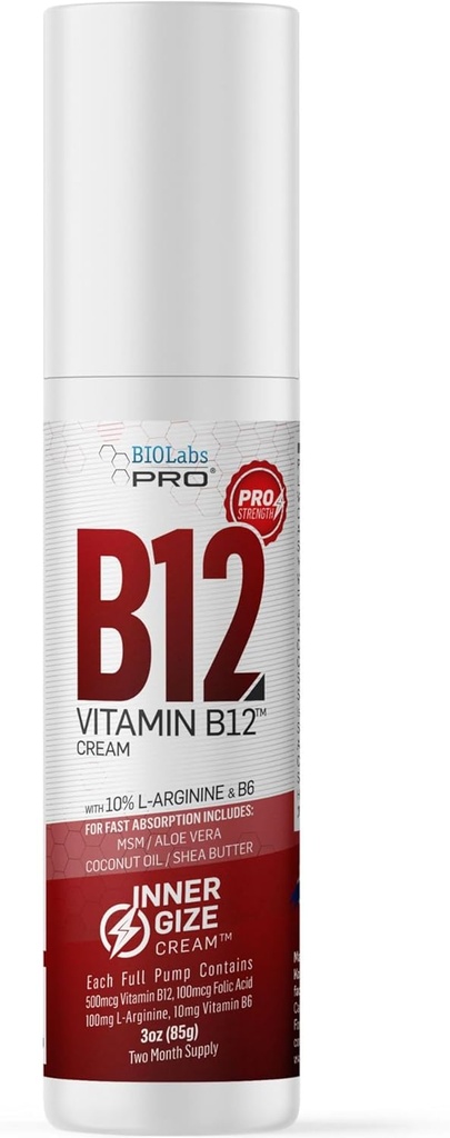BIOLABS PRO INNERGIZE B12 Cream - All Natural Topical B12 w / B6 & 10% L-Arginine - Advanced Neurological & PreWorkout - Professional Grade Methyl B12 - B6