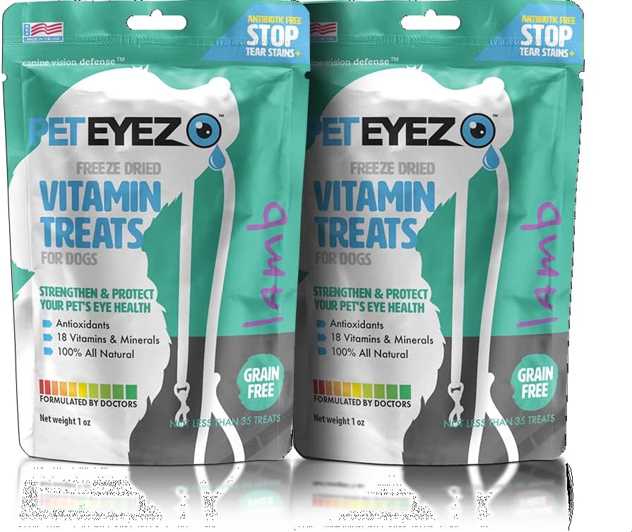 Pet Eyez-Dog Tear Sear Remover - Tear Seal Remover for Dogs - Dog Eye Care - Treats with Astaxanthin, Blueberry Fruit Powder, Lutein, Grain Free, All-Natural Protein (Lambs-2 Pack)