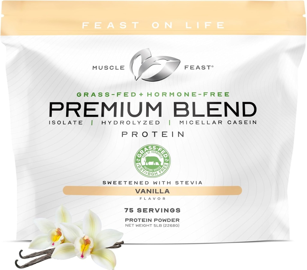 Muscle Feast Grass Fed Premium Whend Whey Protein, Whey Hydrolyzed, Isolate, Mivault Casein, 21g Protein, 100 Kalori (Vanilla, 5lb)